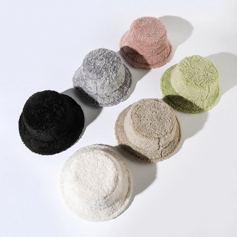 Women Winter Warm Plush Bucket Hat Solid Color Soft Polyester Lambswool Look Fisherman Hat Outdoor Casual Fashion Basin Cap