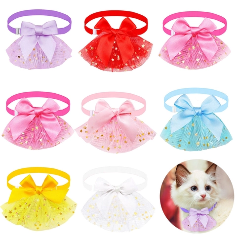 Pet Bowtie Collar Adjustable Ribbon Mesh Scarf With Golden Stars For Cats And Small Dogs Sweet Cute Neck Accessory