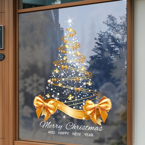 Christmas Window Stickers Static Cling PVC Xmas Tree Snowflake Decals For Glass Storefront Home Holiday Decor UV Print