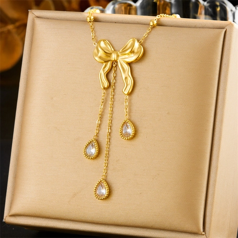 Elegant Gold Plated Stainless Steel Necklace With Stereoscopic Bowknot And Waterdrop Cubic Zirconia Tassel Pendant For Women