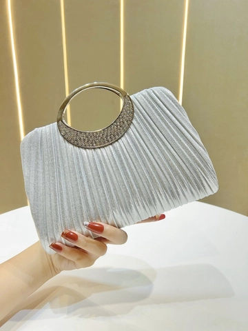 Pleated Evening Bag Rhinestone Round Metal Handle Polyester Clutch With Detachable Chain Strap For Wedding Party
