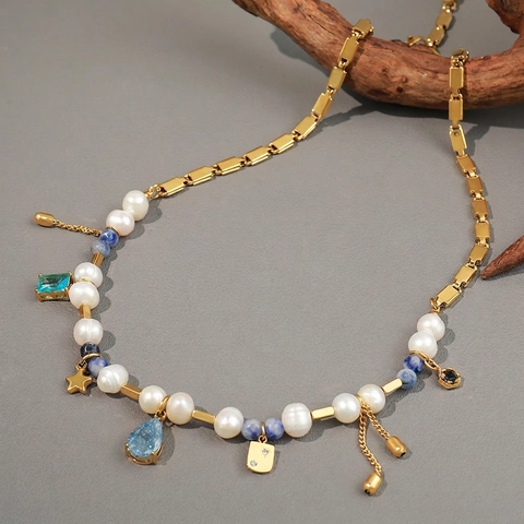 Vintage Freshwater Pearl Necklace Gold Plated Stainless Steel With Natural Stone Star Water Drop Pendant For Women
