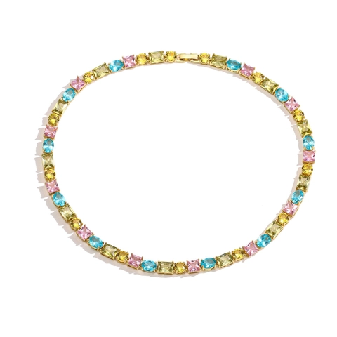 Luxury Copper Multicolor Zirconia Jewelry Set Geometric Inlaid Necklace Bracelet Set For Women Sweet Candy Color Tennis Chain