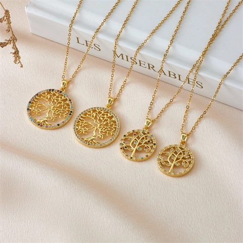 Tree Of Life Pendant Necklace Copper Gold Plated Stainless Steel Chain Colorful Zircon Heart Round Hollow Bohemian Women