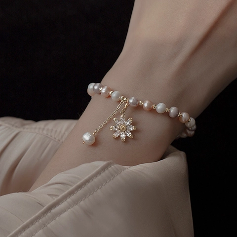 Bracciale Di Perle D'acqua Dolce Multicolore Con Ciondolo A Girasole In Zircone Regolabile Gioielli Eleganti