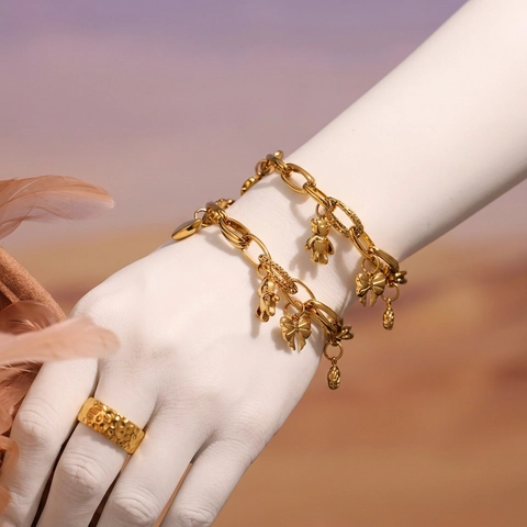 Stainless Steel Charm Bracelet For Women With Bear Heart Bow Flower Pendants Thick Link Chain Adjustable Trendy Jewelry