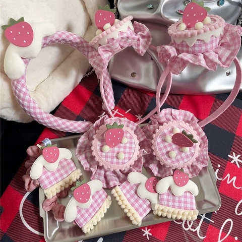 Pinzas Para El Cabello Y Diademas De Tela Hechas A Mano Con Pastel De Fresa A Cuadros Rosas Para Mujeres Niñas