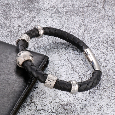 Pulsera De Cuero Trenzado Para Hombre Con Cierre Magnético De Acero Inoxidable Cuentas De Metal Geométricas Joyería Negra Casual