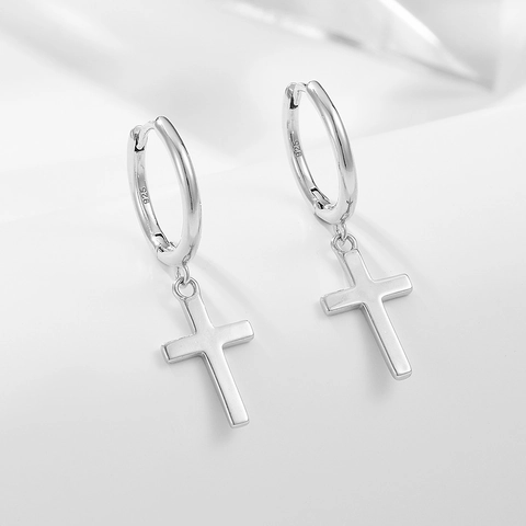 Orecchini a Cerchio con Croce in Argento Sterling 925 per Donna Stile Hip Hop Punk Placcati Oro Argento Orecchini a Pendente