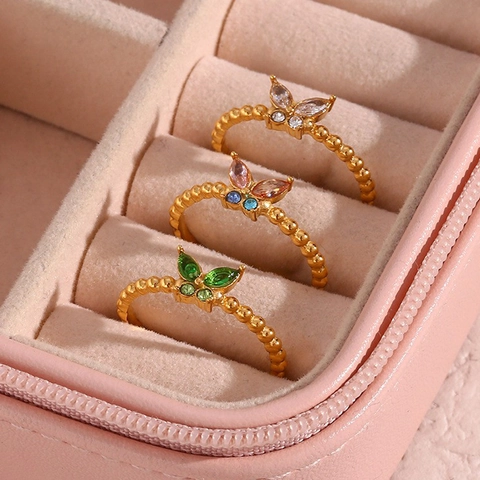 Edelstahl Zirkonia Schmetterling Offener Ring Für Damen Minimalistisches Perlenband Verstellbarer Schmuck Mode Fingerring Geschenk