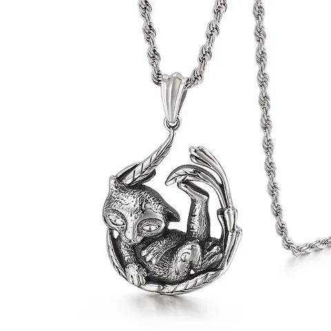Pendente Gatto Arricciato Retrò Collana In Acciaio Inossidabile Con Occhi Di Strass Gioielli Animali Punk Gothic