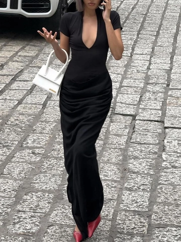 Sexy Ruched Short Sleeve Deep V Neck High Slit Bodycon Maxi Dress Solid Color Polyester Spandex Streetwear