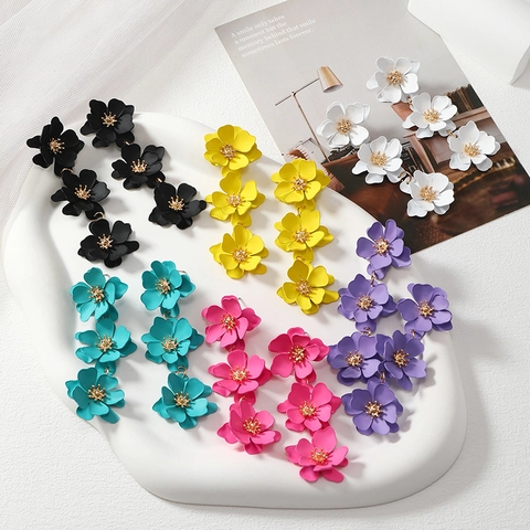Long Flower Drop Earrings For Women Elegant Tiered Floral Design Alloy With Stainless Steel Earring Post Colorful Matte Finish