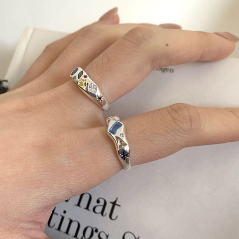 Vintage Niche Design Colorful Zircon Open Adjustable Rings Women Y2K Sweet Cool Irregular Texture