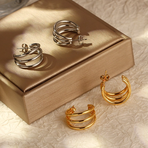 Multi Layer Stainless Steel Earrings Geometric Irregular Round C Shape Gold Silver Color Chic Minimalist Fashion Women