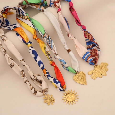 Collana Pendente Sciarpa Acciaio Inossidabile Sole Cuore Margherita Stampa Nastro Raso Choker Per Donne Gioielli Moda Vacanza