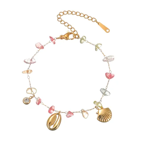 Bracciale da Donna in Acciaio Inossidabile Placcato Oro 18K con Ciondoli a Forma di Muschel e Pietra Tema Oceano Strass Gioielli