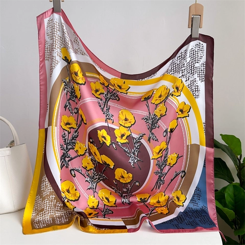 Elegant Floral Print Square Scarf Imitation Satin Polyester Satin Neck Wrap For Women Fashion Geometric Poppy Pattern