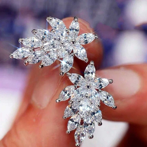 Orecchini In Rame Con Zirconi Marquise Eleganti Fiori Foglie Cluster Scintillanti Accessori Gioielli Matrimonio Per Donne