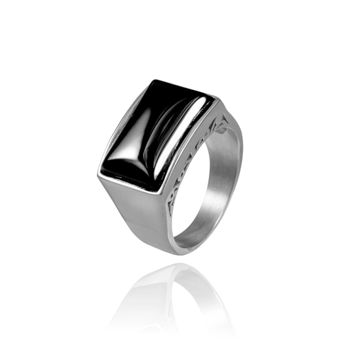 Men Signet Ring Stainless Steel With Rectangular Black Stone Retro Punk Hollow Geometric Design Statement Jewelry