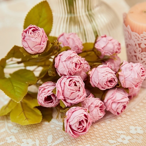 Artificial Rose Bouquet Satin Flowers Vintage Burnt Edge Small Roses For Home Wedding Table Decor Floral Arrangement