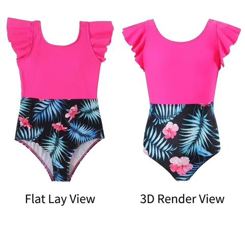 Girls One Piece Swimsuit Nylon Flutter Sleeve Tropical Print Heart Artificial Pearl Halter Neck Summer Beach Bathing Suit
