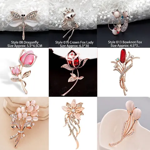 Elegant Flower Animal Brooch Pin Alloy Rhinestone Faux Artificial Pearl Cat Eye Stone Corsage Jewelry For Women Wedding Banquet Vintage