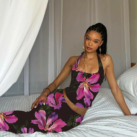 Women Floral Print Halter Neck Backless Crop Top And Slim Fit Maxi Skirt Polyester Spandex Vacation Style