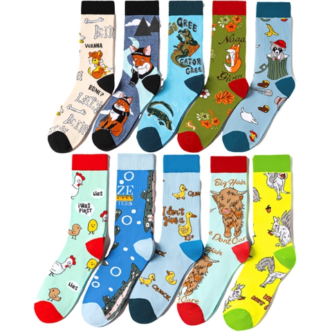 Cartoon Animal Print Crew Socks Cotton Blend Knit Colorful Funny Slogan Graphic Mid Tube Hosiery Unisex Fashionable