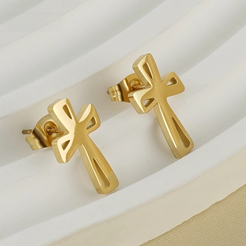 Boucles D'oreilles Puces Croix Ankh Or 18K Plaqué Acier Titane Creux Design Géométrique Bijoux Pour Femmes
