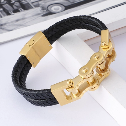 Pulsera De Hombre Cuero Trenzado Acero Inoxidable Cadena De Bicicleta Estilo Punk Joyería Cierre Magnético