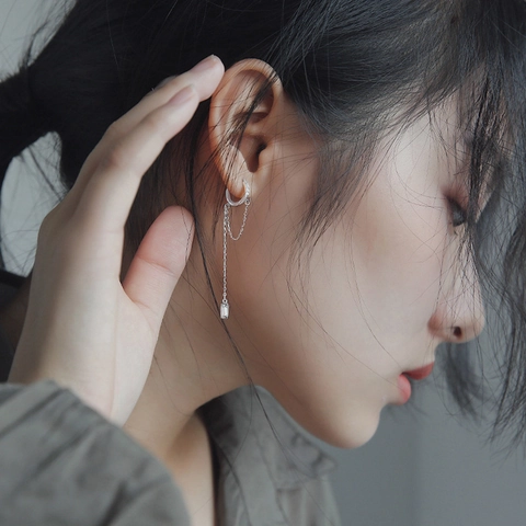 Kupfer Zirkonia Lange Quastenkette Ohrringe Für Damen Silberfarben Geometrisches Rechteck Anhänger Drop Creolen Mode Schmuck