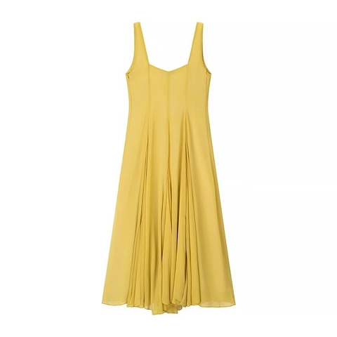 Maxi Dress Polyester Pleated Sleeveless Square Neck Elegant French Style Solid Yellow High Waist Women Summer