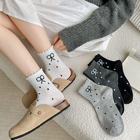 Women Cotton Crew Socks Bow Polka Dot Lettuce Edge Breathable Japanese Style Soft Sweet