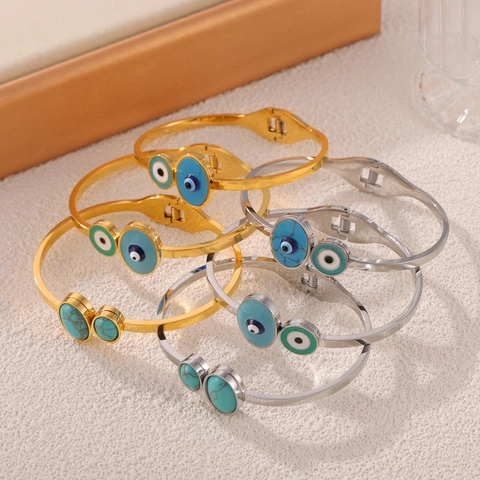 Bracciale Rigido Occhio Del Male Bohemien Acciaio Inossidabile Turchese Smalto Intarsiato Geometrico Stile Turco Gioielli