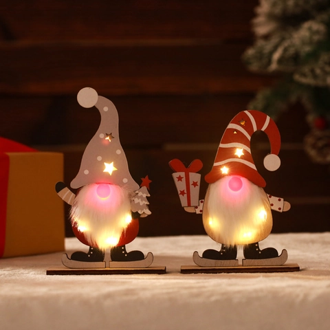 LED Glowing Christmas Gnome Wooden Ornament Handmade Nordic Forest Elder Statuette For Home Office Xmas Party Decoration