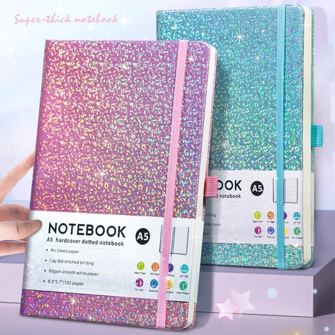 A5 Hardcover Notebook Glitter PU Leather Journal Elastic Band Pen Loop Office School Stationery