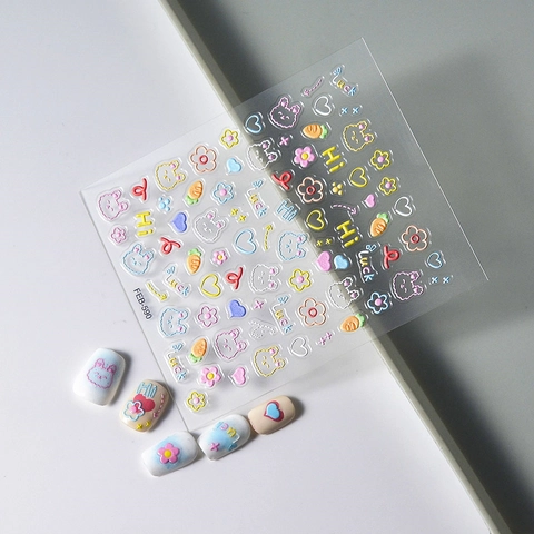 5D Embossed Cartoon Rabbit Carrot Nail Art Stickers Waterproof DIY Manicure Decoration For Kids Girls Cute Nail Decals