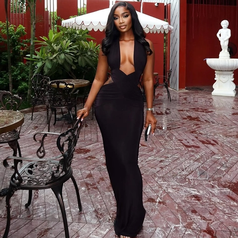 Halter Neck Maxi Dress Deep V-Neck Ruched Hollow Out Slim Fit Sleeveless Solid Color Streetwear Party Women Clothing