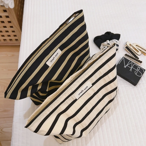 Striped Cotton Canvas Makeup Bag Large Capacity Travel Cosmetic Pouch Zipper Organizer Portable Storage Bag
