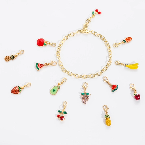 Ciondoli Frutta Pendenti Gioielli DIY Lega Smalto Strass Con Chiusura A Moschettone Ciliegia Fragola Anguria Per Bracciale