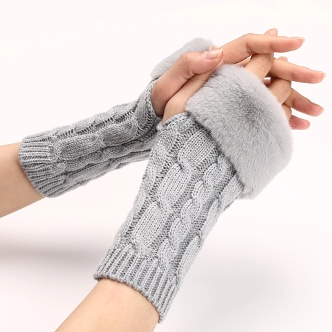 Women Winter Cable Knit Fingerless Gloves With Faux Fur Trim Warm Half Finger Arm Warmers