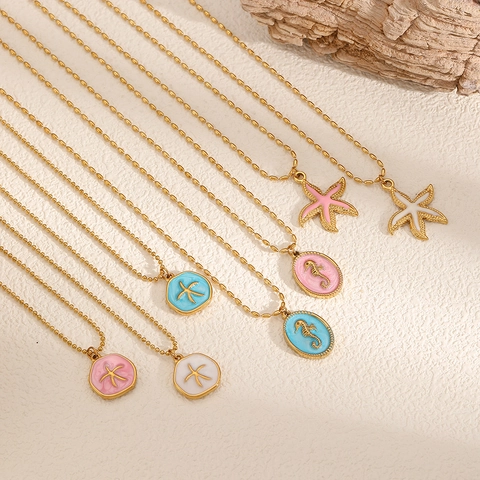 Seestern Seepferdchen Anhänger Halskette Edelstahl Emaille Ozean Thema Gold Kugelkette Für Damen Mode Schmuck