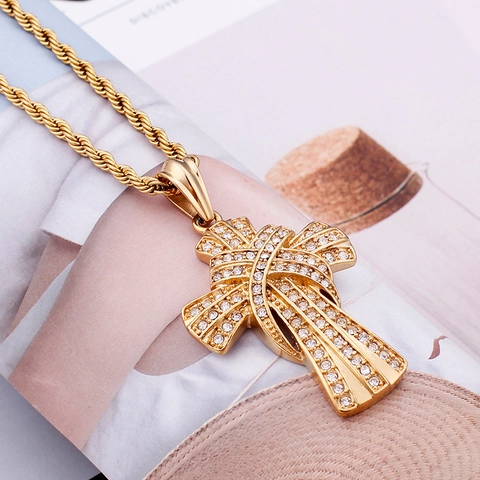 Hip Hop Iced Out Kreuz Anhänger Halskette Edelstahl Gold Vergoldet Zirkon Band Gewickelt Gedrehte Seilkette Herren