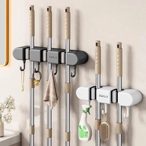 Wall Mounted Mop Broom Holder Organizer Rack With Hooks Adhesive Suction Cup Heavy Duty Anti Slip Silicone ABS For Home