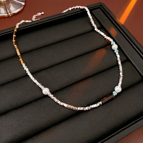 Mixed Beaded Necklace Alloy Irregular Silver Beads Imitation Artificial Pearl Tiger Eye Stone Minimalist Clavicle Chain Women Fashion