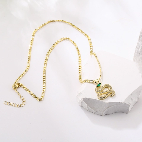 Schlange Anhänger Halskette Kupfer Vergoldet Mit Grünem Zirkon Auge Luxus Figaro Kette Schmuck Für Damen Herren