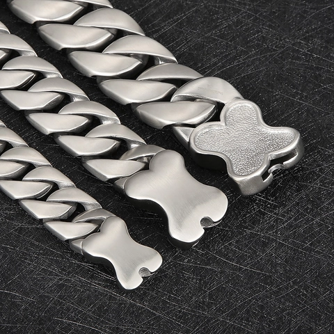 Men Cuban Link Chain Necklace 316L Stainless Steel Heavy Bone Clasp Hip Hop Punk Gothic Jewelry Sandblasted Polished