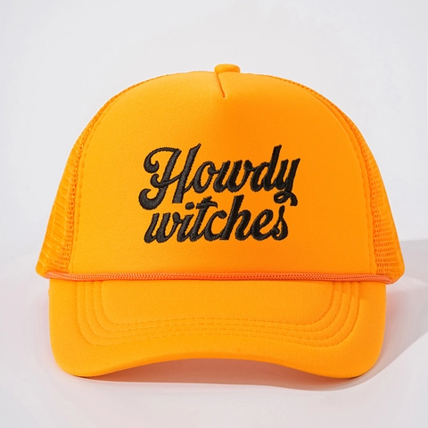 Cappello Trucker Rete Poliestere Ricamo Howdy Witches Regolabile Traspirante Halloween Aperto Western Vintage Unisex