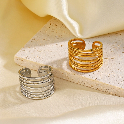 Anillo De Acero Inoxidable Multicapa Abierto Ajustable Ancho Estilo Retro Francés Joyería Mujer